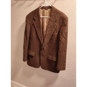 Bill Blass Soft Camel Hair Brown Plaid Blue Accent 46R Sport Coat Made in USA